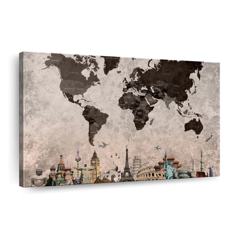 Grunge Landmarks World Map Canvas Print, 30" H x 45" W x 1.25" D