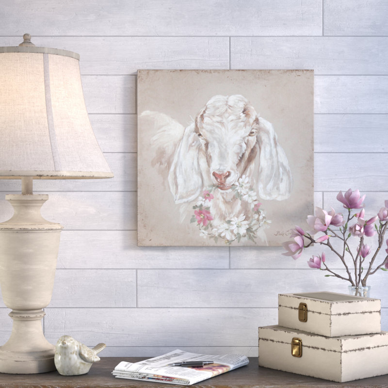 «Goat with Wreath», peinture sur toile, H 12 po x l 12 po x P 0,75 po, Pas de tapis, Toile tendue