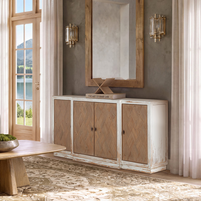 Buffet Amélie 74 po patchwork à 4 portes, blanc antique et brun moyen