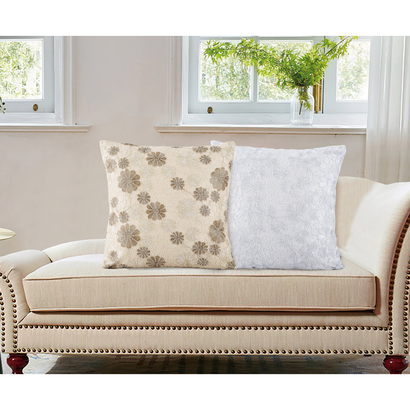 Motif floral marguerite rétro en lin violet, polyester, dentelle brodée épaisse, 2 plis, envers en tissu de satin uni, 18 po x 18 po, carré, housse de coussin décoratif décoratif