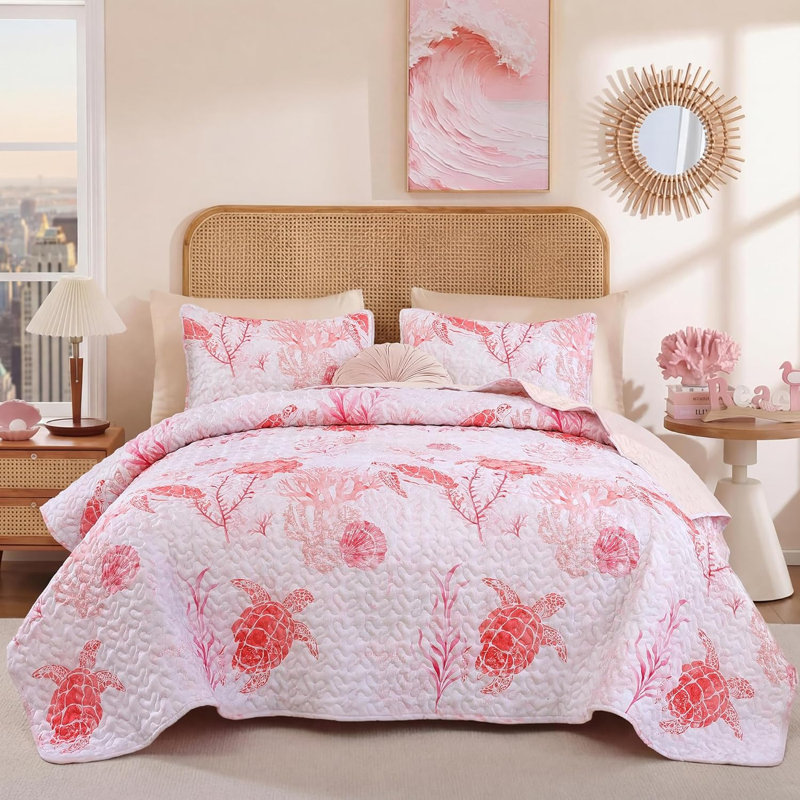 Ensemble de courtepointe Coastal, Courtepointe très grand + 2 taies d'oreiller stan, Pink Turtle