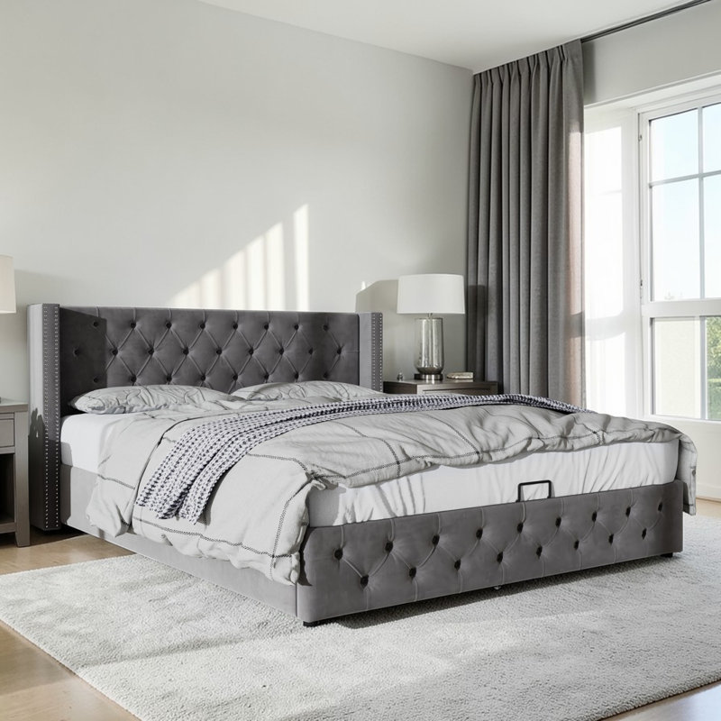 Parral Upholstered Storage Bed, Grey, Kingsize (5')
