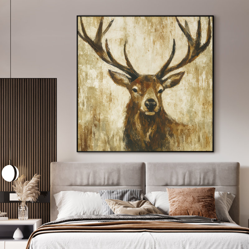 Très grande reproduction d'art sur tissu - Cerf majestueux avec de grands bois sur fond neutre, H 46 po x l 46 po