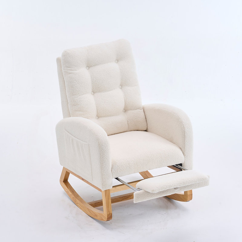 Chaise berçante d'appoint moelleuse avec repose-pieds, chaise berçante à dossier haut blanc crème et chaise longue en bois d'hévéa, l 38,36 po x P 26,77 po x H 39,76 po