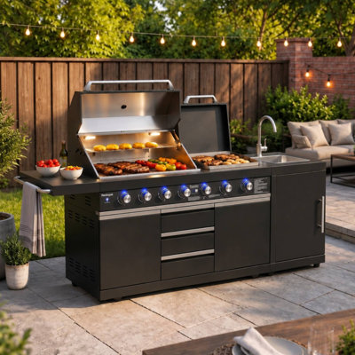 Îlot de cuisine extérieure modulaire Akoah en 2 pièces avec gril, évier, deux brûleurs latéraux et bac à charbon
