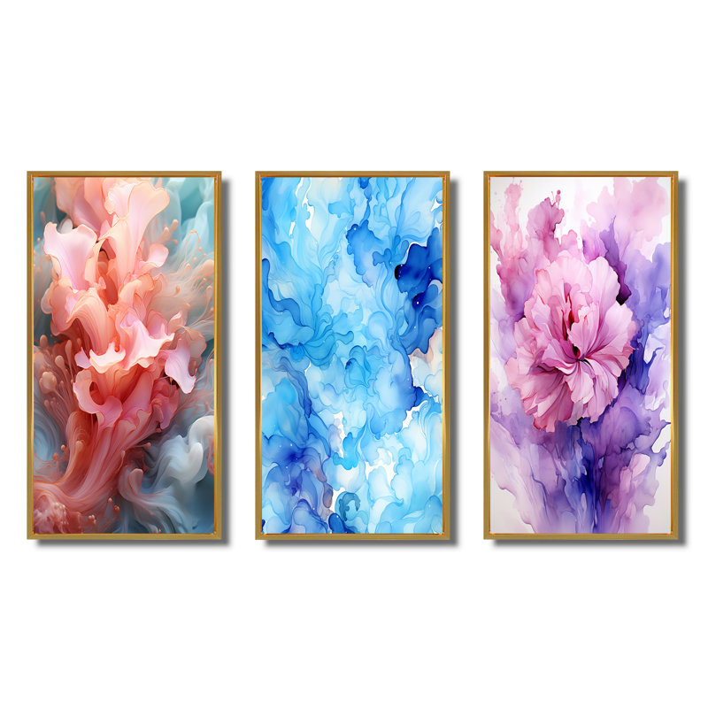 Ensemble de 3 pièces d'art abstrait bleu et rose clair, Cadre flottant doré, H 28 po x l 36 po