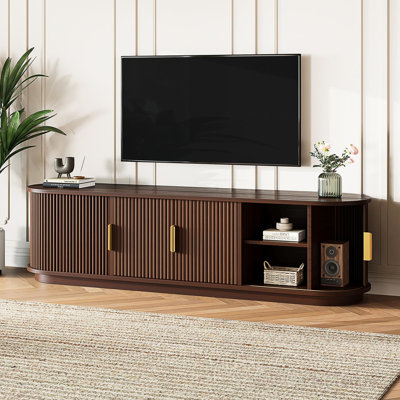 Farmhouse Wooden TV Stand With Sliding Tambour Door For Tvs Up To 75"