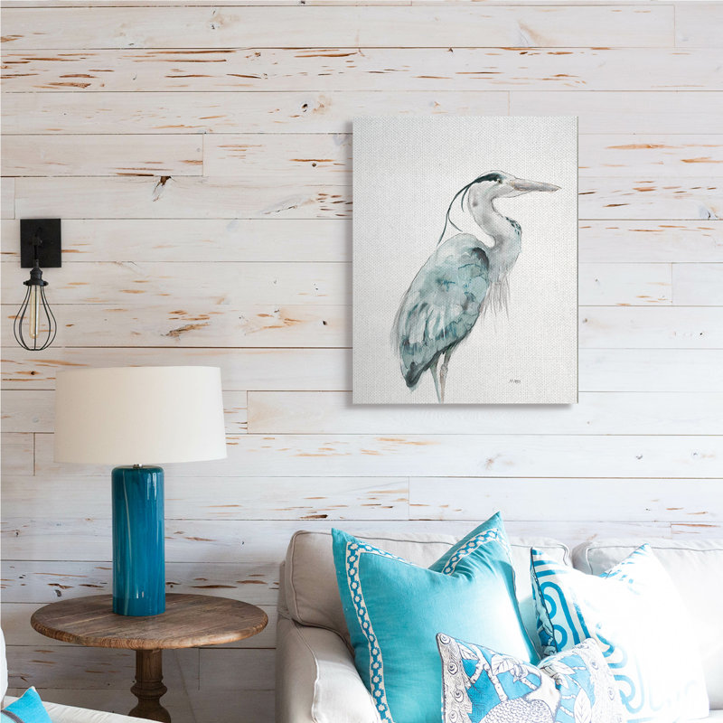 Grue aquarelle aux tons bleus, oiseau aquatique par Patti Mann - Peinture, H 30 po x l 24 po, Toile tendue