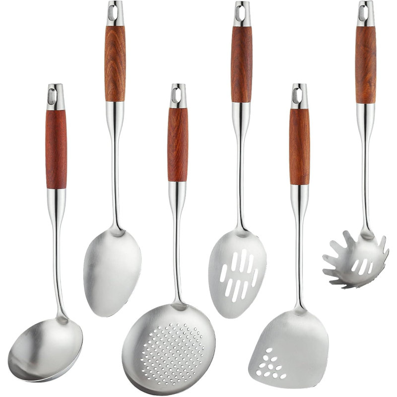 Ensemble d'ustensiles de cuisine 6 pièces en acier inoxydable avec poignée en bois Professional