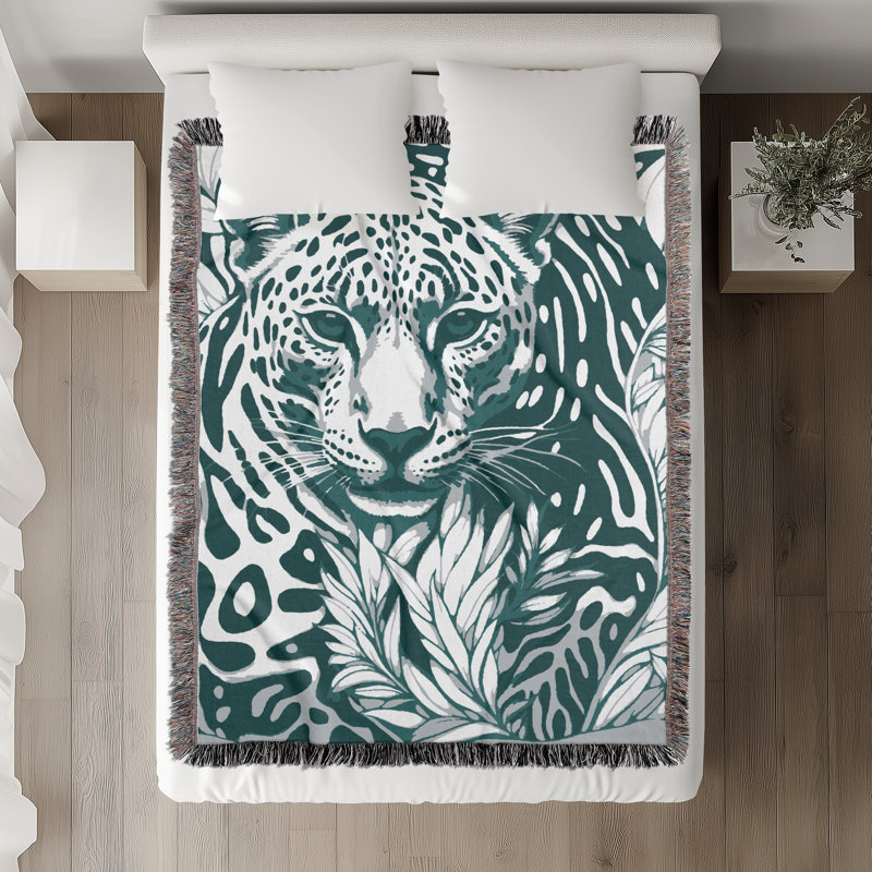 Jeté en mélange de coton léopard Fiero, Sarcelle / blanc cassé, L 60 po x l 50 po