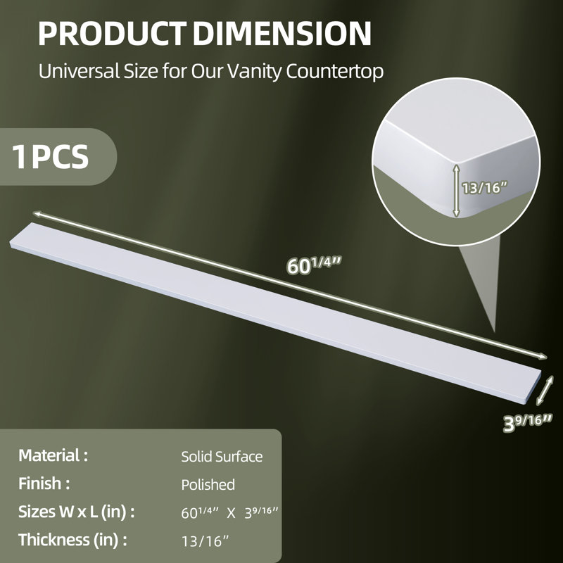 60'' W X 3.5'' H White Polished Backsplash Solid Surface Rectangular Vanity Top Splash Guard for Bathroom Countertop
