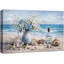 Vase de fleur bleu côtier avec coquillages et vue sur l'océan, images de salle de bain, impression sur toile encadrée-131654426-131654427