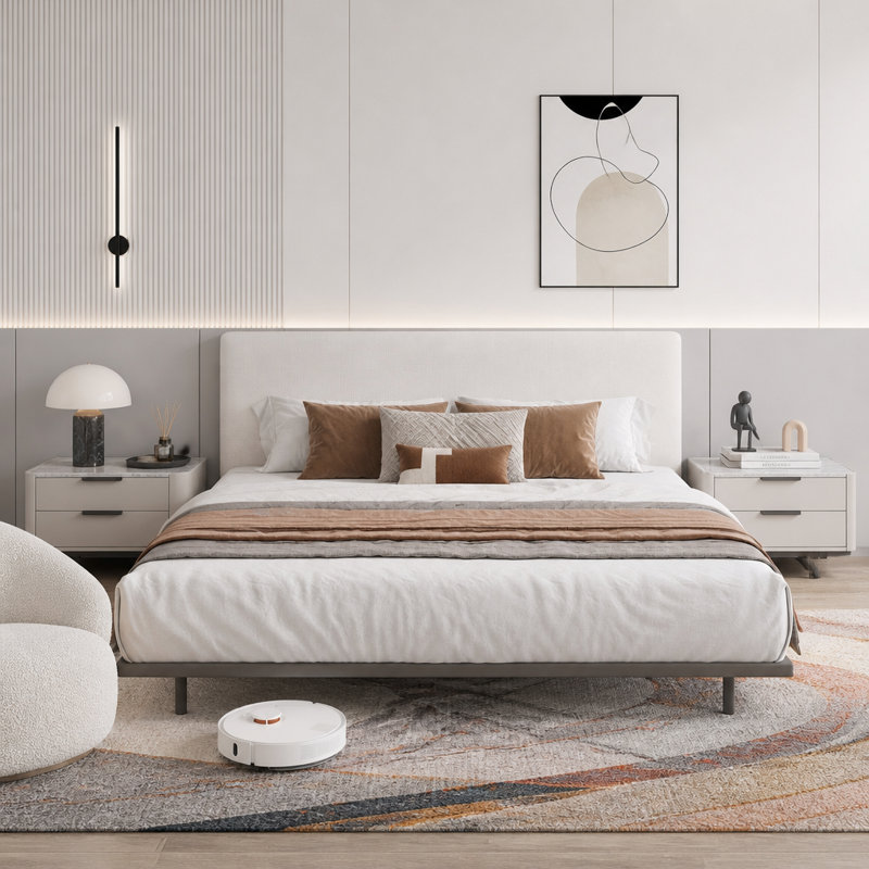 Cadre de lit très haut de gamme pour très grand lit avec tables d'appoint, lampes de lecture et bande DEL