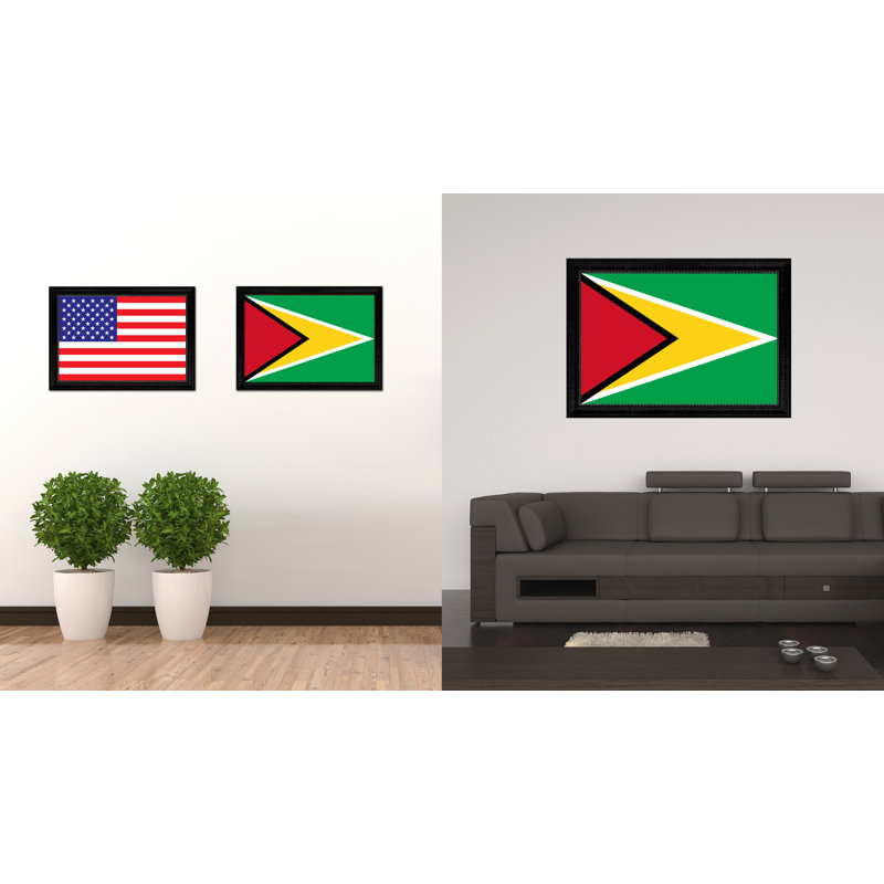 Drapeau du guyana sur toile, H 21 po x l 30 po x P 1 po, Encadrement noir