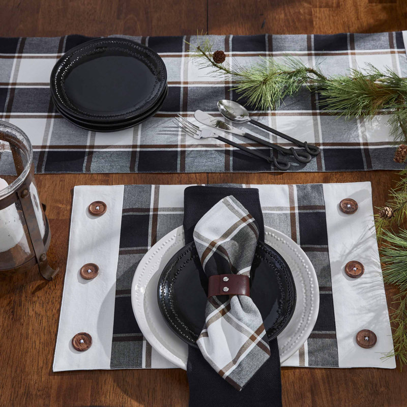  Hixon Black Plaid Button Table Runner 13" x 36"