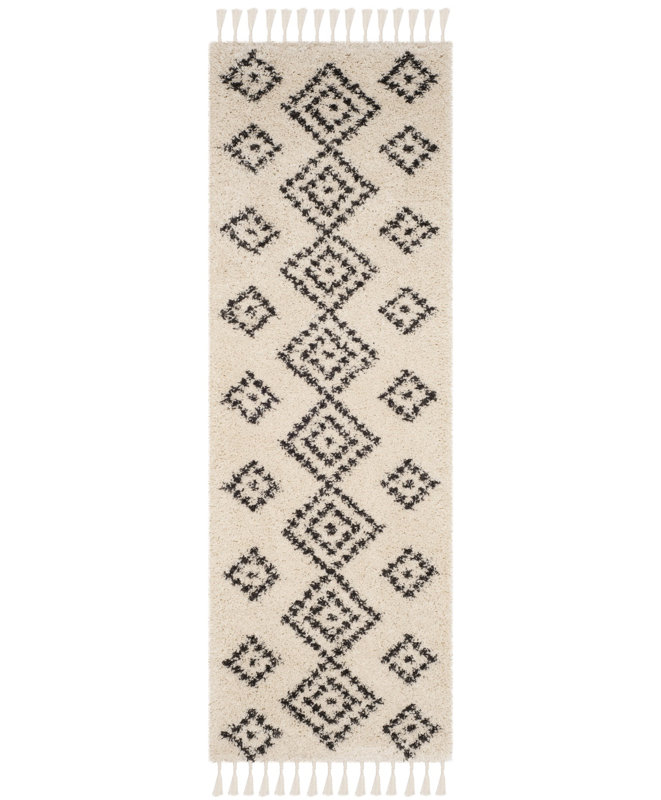 Ivory and Charcoal Geometric Shag Wool Rug, 4' x 6'
