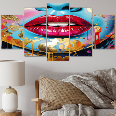 Sensual Red Lips Retro Glam Collage III - Art mural sur toile tendance - 5 panneaux