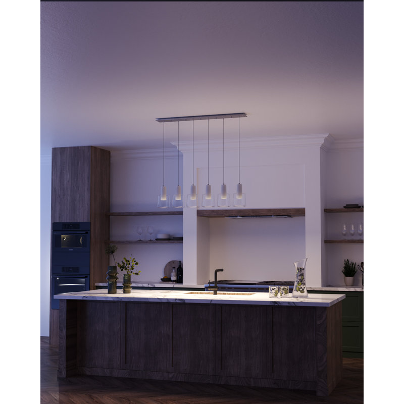Samson LED Pendant, White/Clear Glass, 6 Lights, 53 W