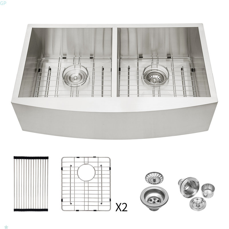 Double Bowl (50/50) Farmhouse Sink- 33"X20"X9"Stainless Steel Apron Front Kitchen Sink 18 Gauge With Two 9" Deep Basin