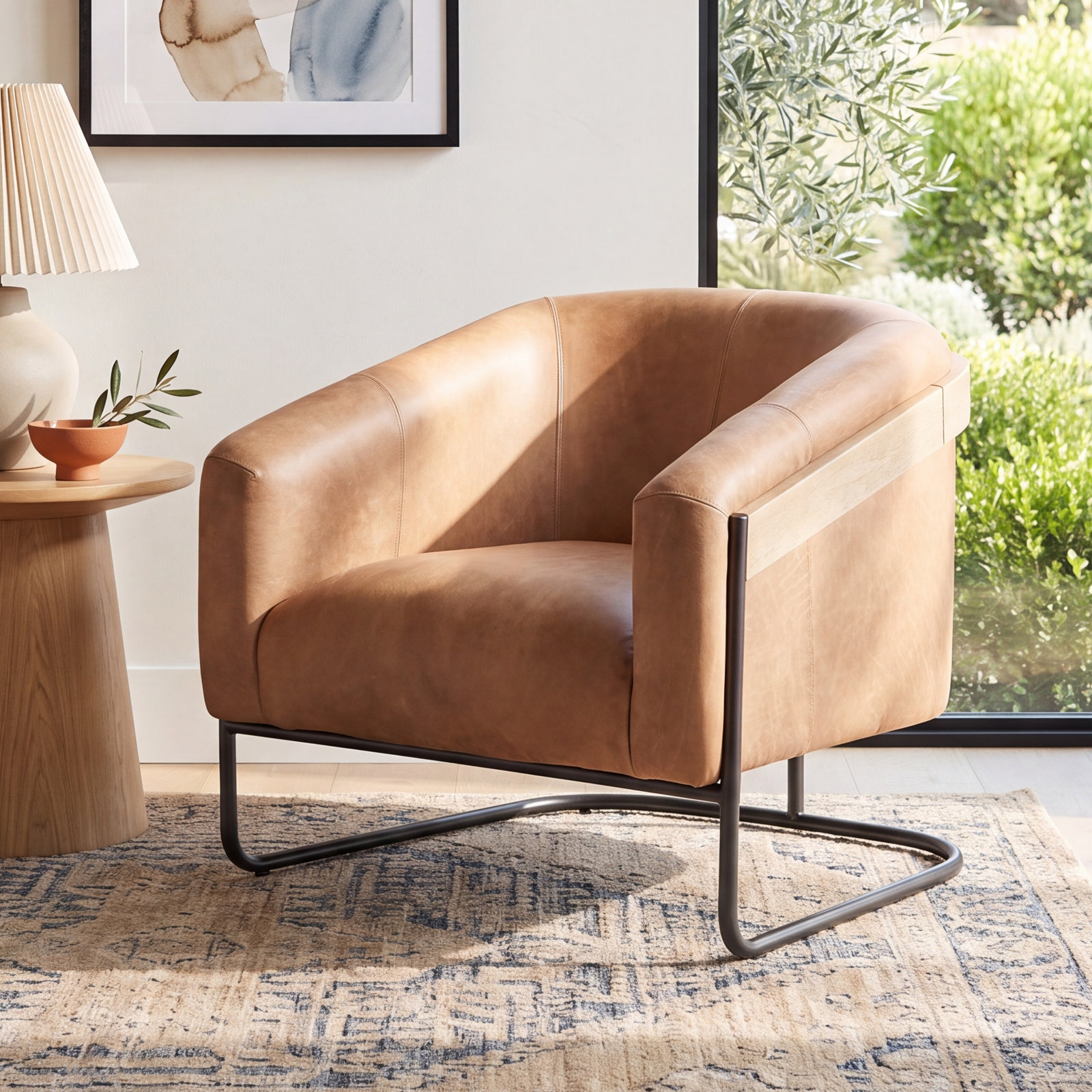 Pereda Genuine Leather Barrel Chair, Winchester Beige Genuine Leather