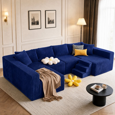 128" Sectional U-Shaped Modular Couch Sofa Includes Dog Stairs，Boneless Sofa with 2 Throw Pillows