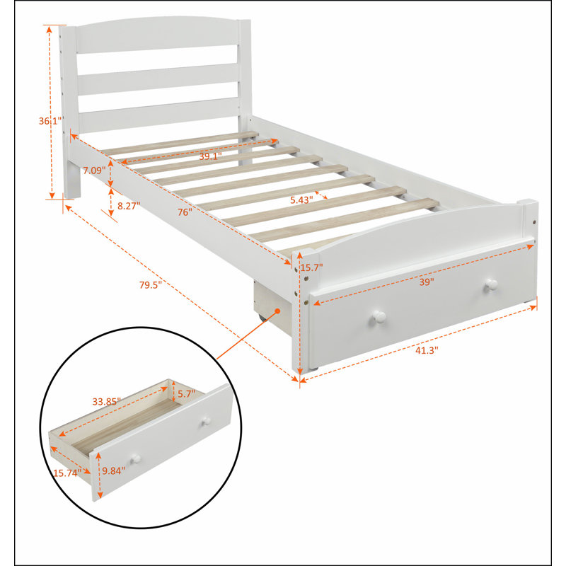 Structure de lit plateforme avec tiroir de rangement et support en lattes de bois sans sommier, Blanc