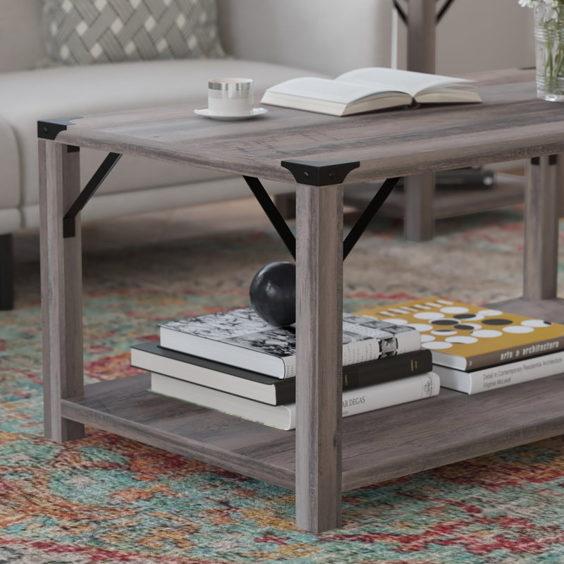 Table basse à 2 niveaux Talmon avec entretoises latérales en métal et embouts de coin, Gris foncé