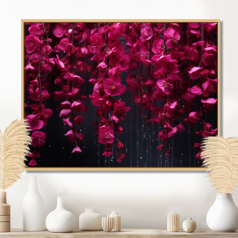 Rose et noir, cascade de fleurs fuschia - art mural sur toile Fuschia, Cadre flottant brun, H 24 po x l 32 po x P 1 po