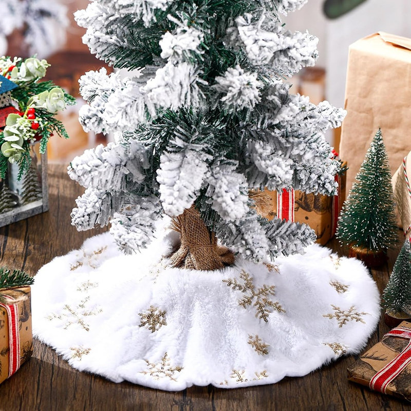 Lot de 3 mini-jupes de sapin de Noël en fausse fourrure blanche – Tapis de base de sapin à paillettes flocons de neige pour la décoration des fêtes