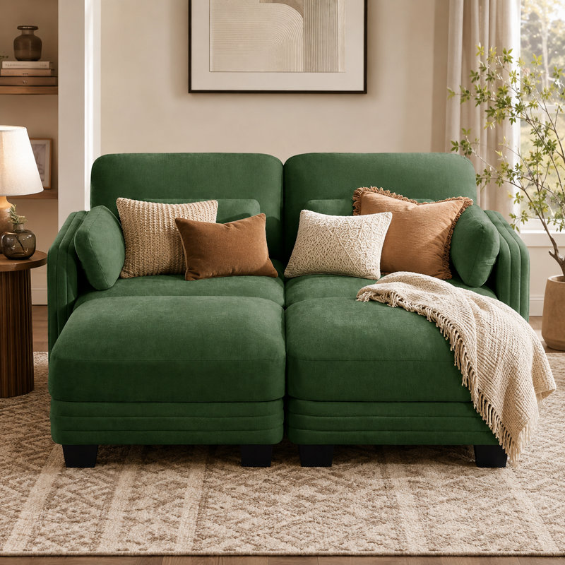 Canapé d'angle modulaire Gatton Channel capitonné, canapé 2 places en chenille avec 2 poufs amovibles, coussins d'assise en mousse haute résilience, design ergonomique incurvé