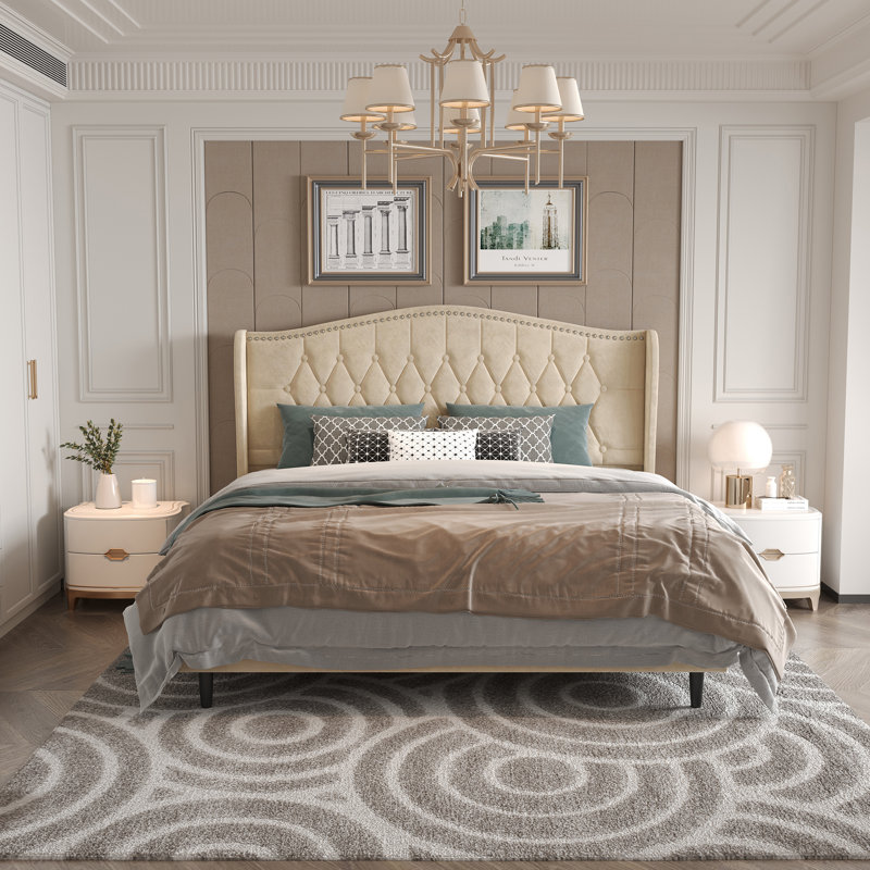 Upholstered Tufted Headboard Bed Wingback Bed, Full / Double, Beige