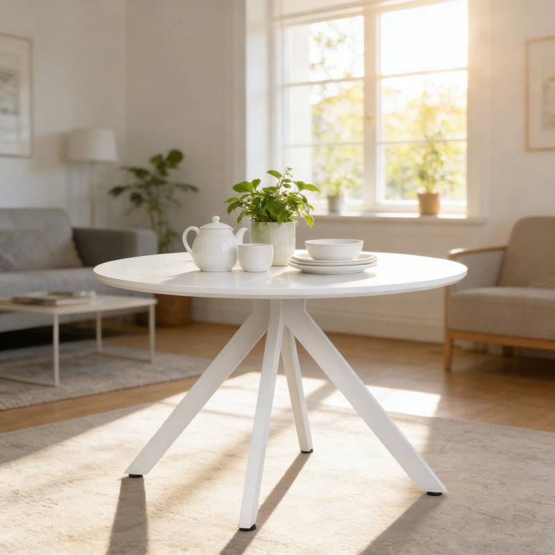 47.2" Solid Wood Round Dining Kitchen Table For 4-6 People With Intersecting Pedestal Base, White, White