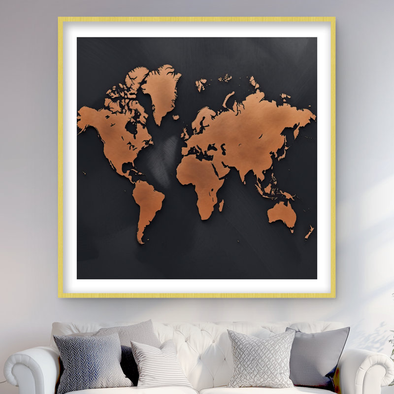 Rusted Map - Black Industrial Framed Matted Print for Decor