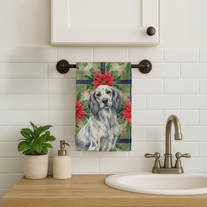 Blue Belton English Setter Christmas PoinsettIas Kitchen Towel, Blue Belton English Setter