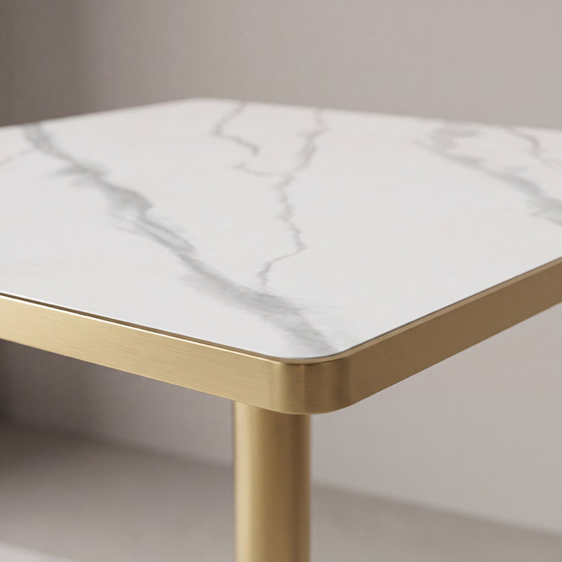 Table de salle à manger carrée en pierre frittée avec base dorée, Blanc gris
