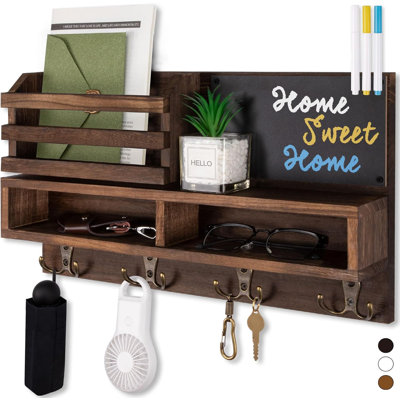 Porte-courrier mural en bois avec tablette et 3 craies liquides
