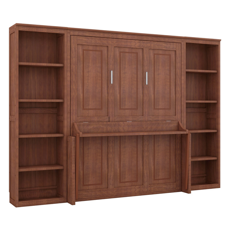 Grand lit escamotable avec bureau et tablettes de rangement, armoire escamotable en bois avec bibliothèque, lit escamotable vertical