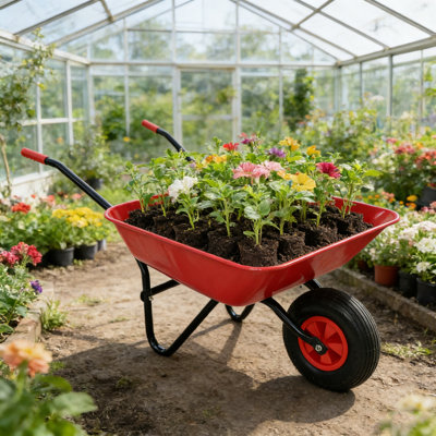 Chariot de jardin en acier avec brouette, roue pneumatique de 12 pouces, capacité de charge de 220 lb, plateau en acier de 2,2 pieds cubes, conception légère pour le jardinage résidentiel et l'aménagement paysager
