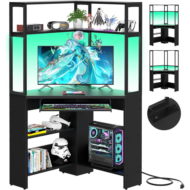 Meridel 29.5'' W Corner Computer Desk with Storage, Power Outlets and LED Lights, Black