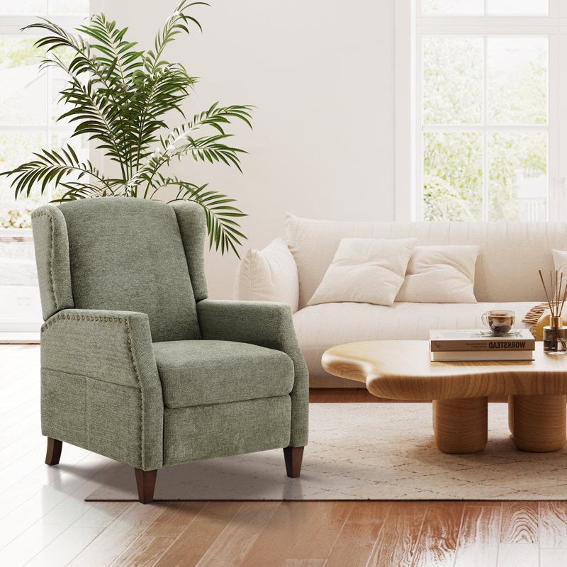 Push-Back Armchair with Storage Pockets - Nail-Head Trim & Wingback Design, Green Chenille