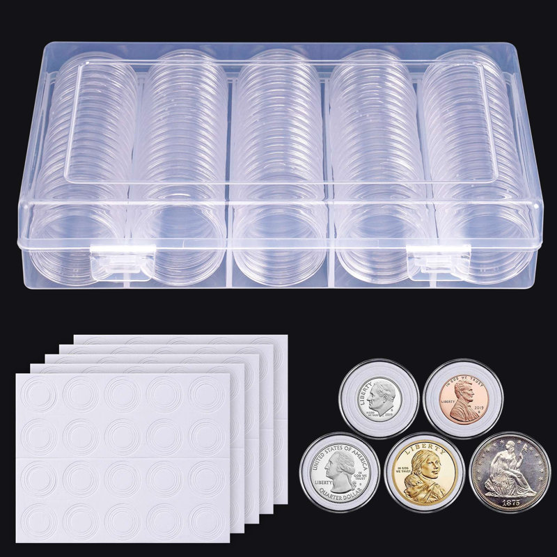 100Pcs 30mm Coin Capsule Holder with 5 Sizes Foam Gaskets and Clear Plastic Storage Organizer Box for Coin Collectors
