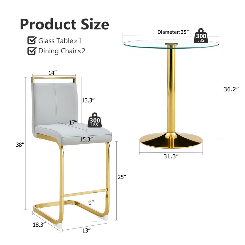 Ensemble de salle à manger 3 pièces en métal avec 2 chaises en similicuir pour la salle à manger, Blanc, Doré