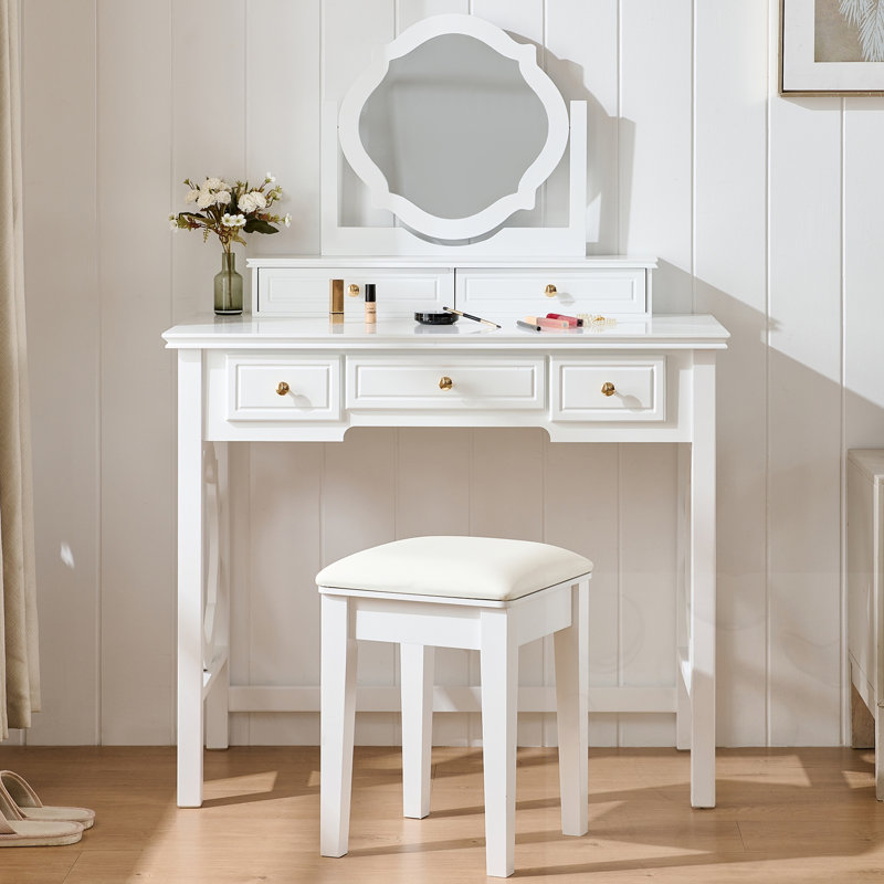 Makeup Vanity Table With Reversible Mirror And Stool