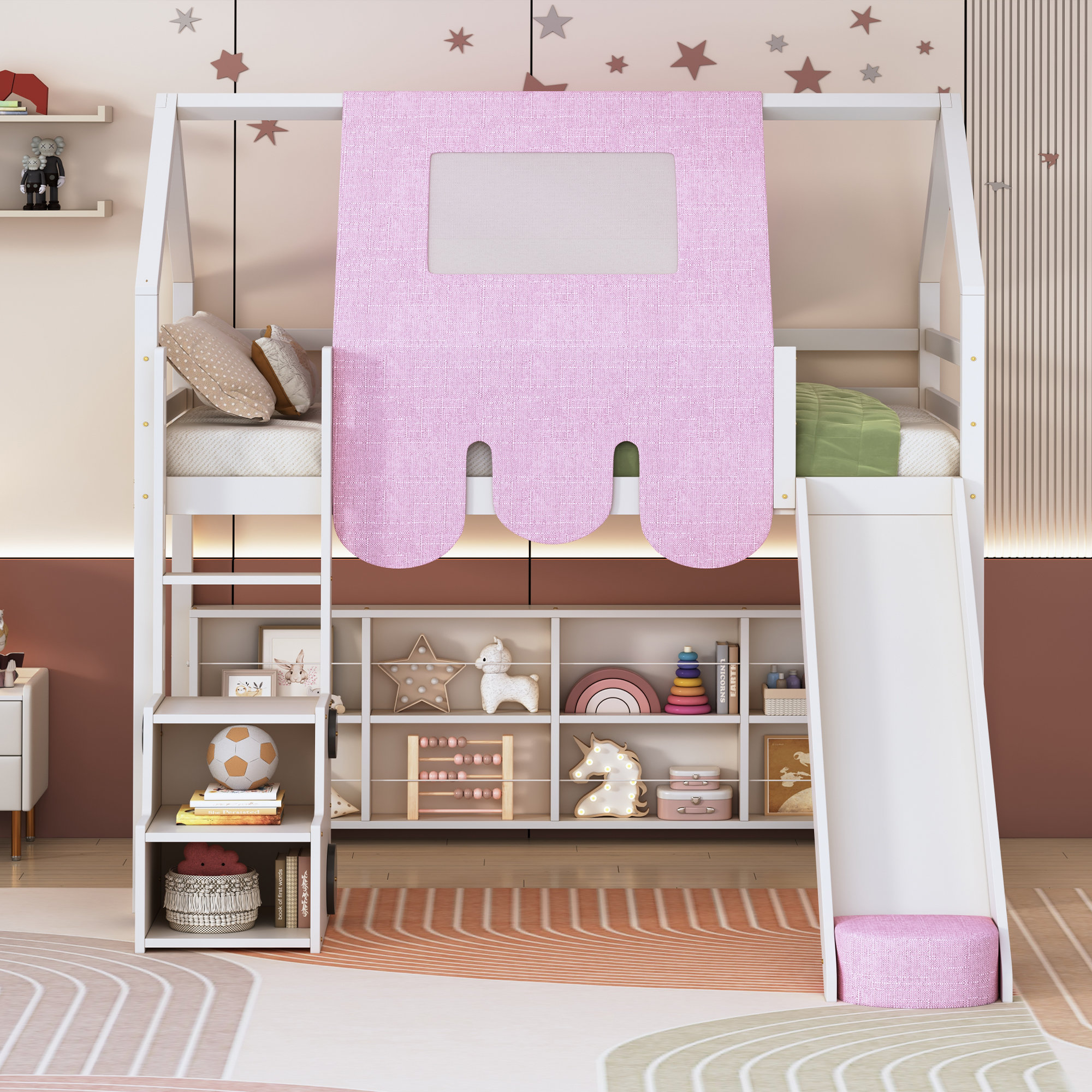Harper Orchard Loft Bed With Slide, Storage Bookcase and Stairs ...