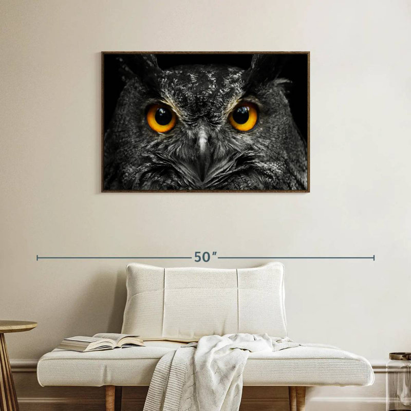 Hibou jaune, 37 po x 25 po, Cadre flottant en noyer
