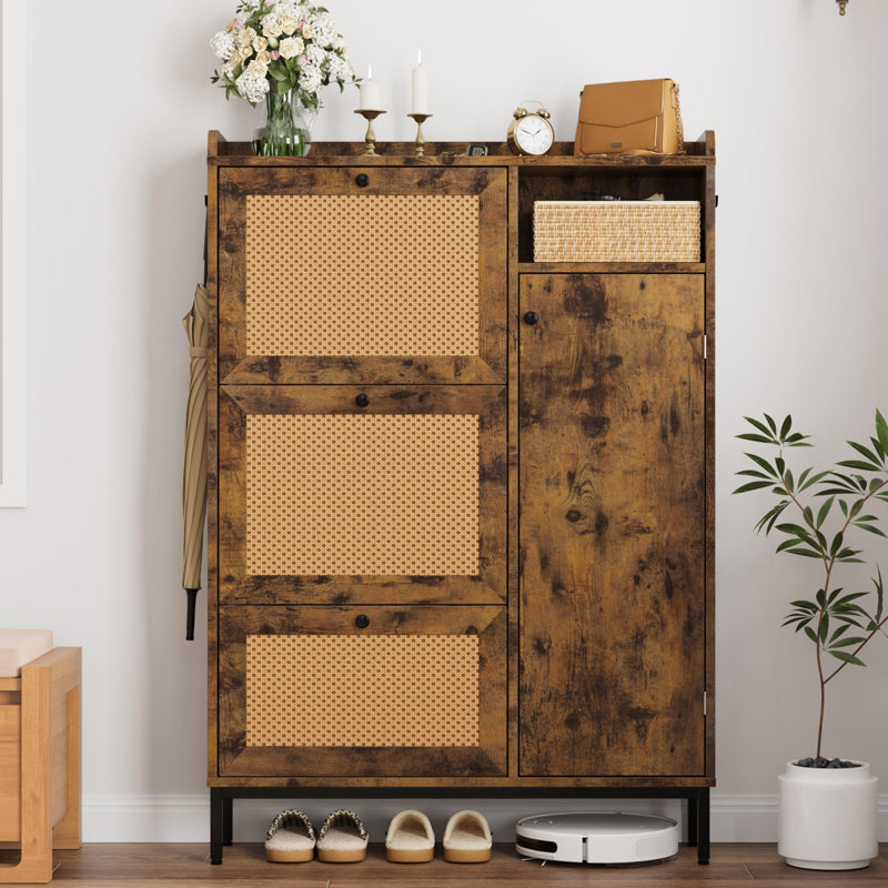 Shoe Cabinet Rattan with 3 Flip Drawers and 4-Tier Shoe Storage Cabinet, Brown