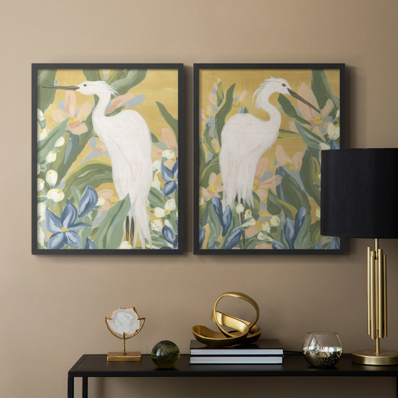 Floral Egret I-Premium, reproduction encadrée prête à accrocher - aucun clou requis - aucun clou requis, H 15 po x l 24 po