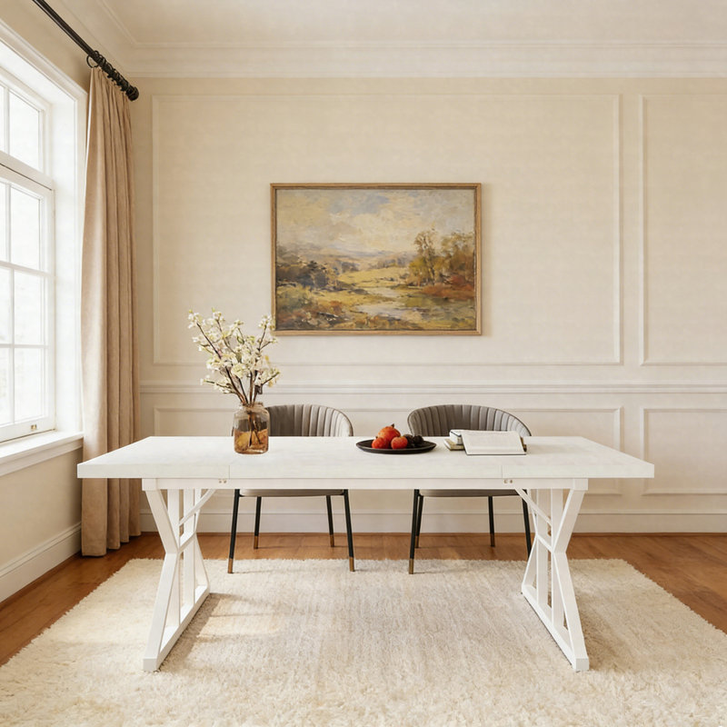 Table de salle à manger 70,8 "en bois pour 6 personnes - Table de cuisine rustique avec base en tréteaux blanc, Blanc, Blanc