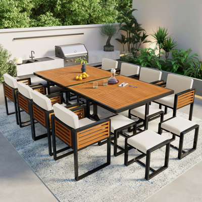 Ensemble de salle à manger en bois d'acacia 18 pièces, ensemble de patio d'extérieur peu encombrant, 8 chaises rembourrées, 8 repose-pieds et 2 tables carrées pour la cour, le jardin, la terrasse et la piscine