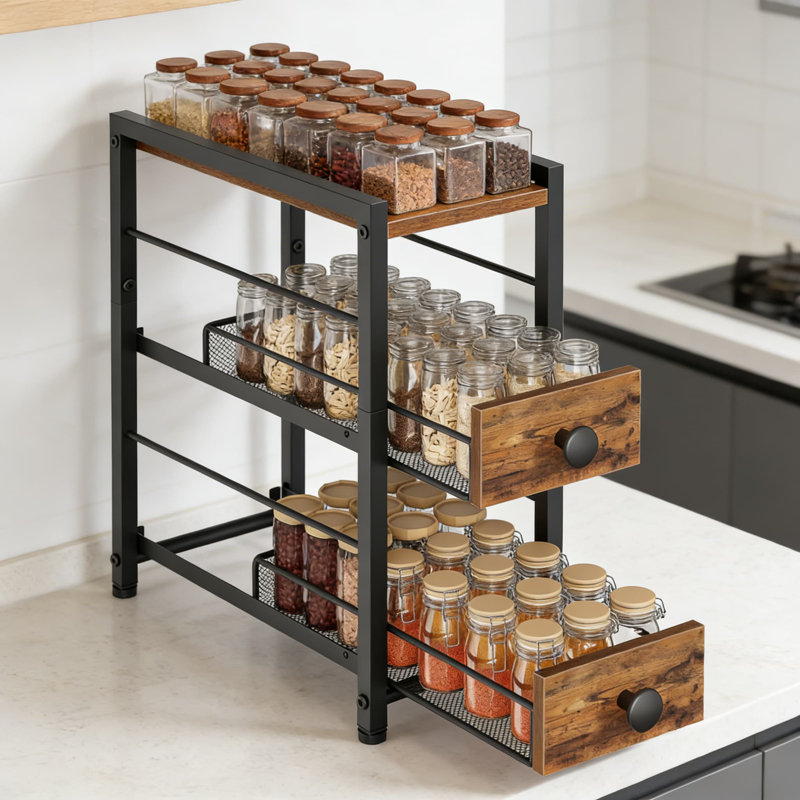 Étagère à épices, tablette de rangement à 3 niveaux avec tiroirs lisses, conception étroite pour la cuisine, le garde-manger ou la station de café